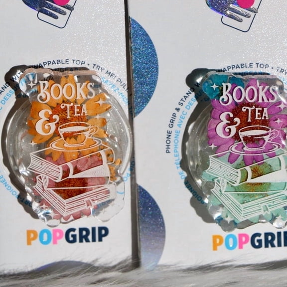 Floral Resin Phone Grip: Bookish Tea Theme, Custom Color
