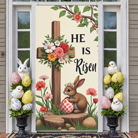 Floral Resurrection Banner Cross Easter Display Rabbit Easter Egg He Is Risen Backdrop for Easter Celebration Resurrection Sunday Church Event