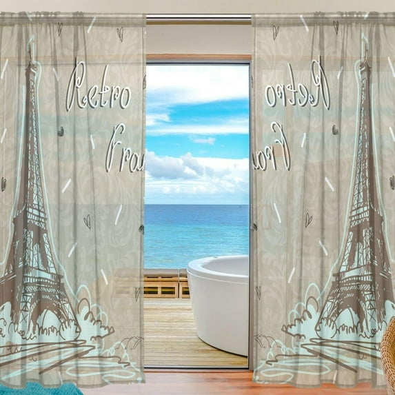 Floral Retro Eiffel Tower Semi Sheer Curtains Window Voile Drapes Panels Treatment-55x78in for Living Room Bedroom Kids Room, 2 Pieces