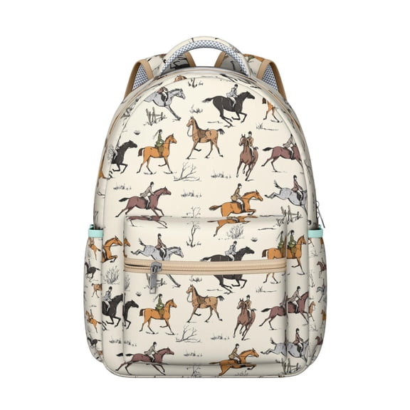Floral Retro Horse and Pony Pattern Student School Backpack with Foal Rainbow Print Rural Cute Design
