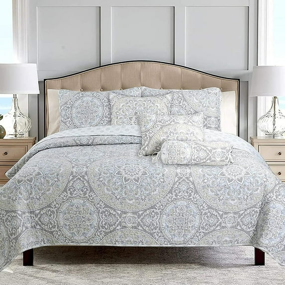 Floral Reversible Bedding Quilt Set, Comforter Set, Lightweight Bedspread Coverlet for Guest Room, Bedroom, Home, Apartment, Dorm, Hotel, Cottage, Grey, Queen - 3 Piece