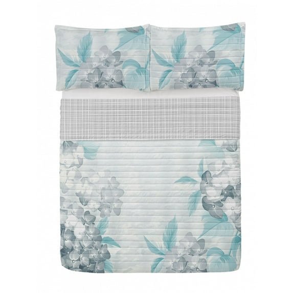 Floral Reversible Bedspread Set, Blooming Hydrangea Flowers Leaves Bouquet Vintage Style Spring Nature Print, Pillow Shams & Comforter Microfiber Bedding Set, 3 Sizes, Pale Turquoise, by Ambesonne