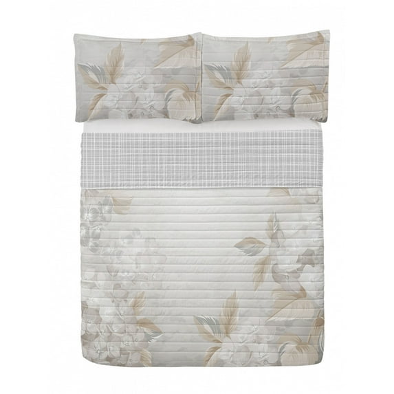 Floral Reversible Bedspread Set, Blooming Hydrangea Flowers Leaves Bouquet Vintage Style Spring Nature Print, Pillow Shams & Comforter Microfiber Bedding Set, 3 Sizes, Pale Sepia, by Ambesonne