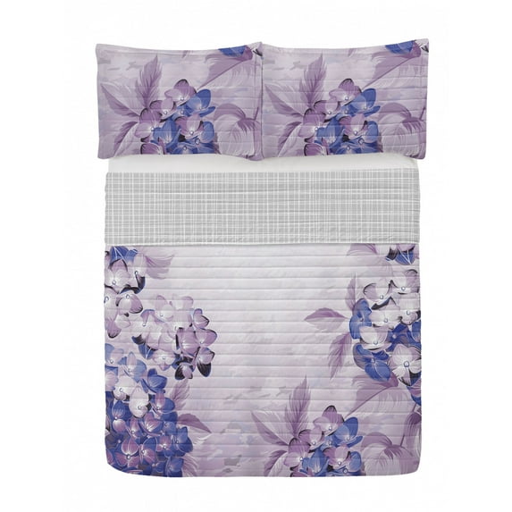 Floral Reversible Bedspread Set, Blooming Hydrangea Flowers Leaves Bouquet Vintage Style Spring Nature Print, Pillow Shams & Comforter Microfiber Bedding Set, 3 Sizes, Violet Blue, by Ambesonne