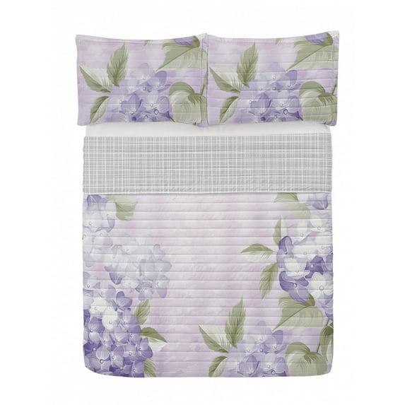 Floral Reversible Bedspread Set, Blooming Hydrangea Flowers Leaves Bouquet Vintage Style Spring Nature Print, Pillow Shams & Comforter Microfiber Bedding Set, 3 Sizes, Dark Indigo, by Ambesonne
