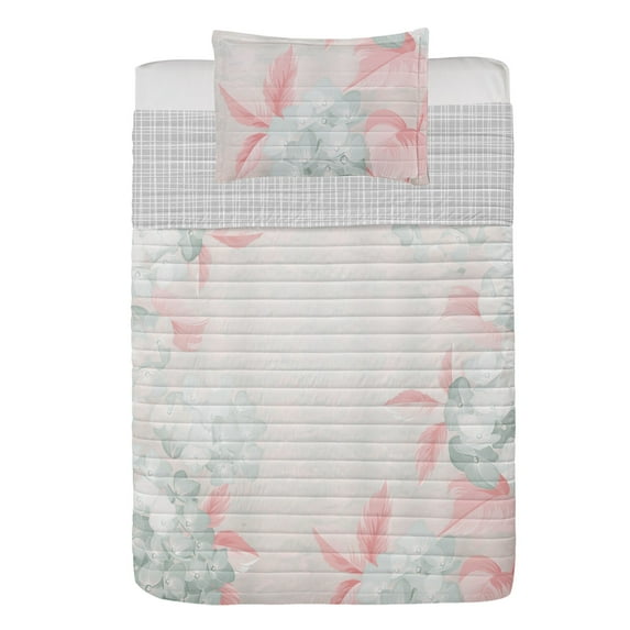 Floral Reversible Bedspread Set, Blooming Hydrangea Flowers Leaves Bouquet Vintage Style Spring Nature Print, Pillow Shams & Comforter Microfiber Bedding Set, 3 Sizes, Blush Beige, by Ambesonne