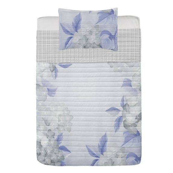 Floral Reversible Bedspread Set, Blooming Hydrangea Flowers Leaves Bouquet Vintage Style Spring Nature Print, Pillow Shams & Comforter Microfiber Bedding Set, 3 Sizes, Pale Ceil Blue, by Ambesonne