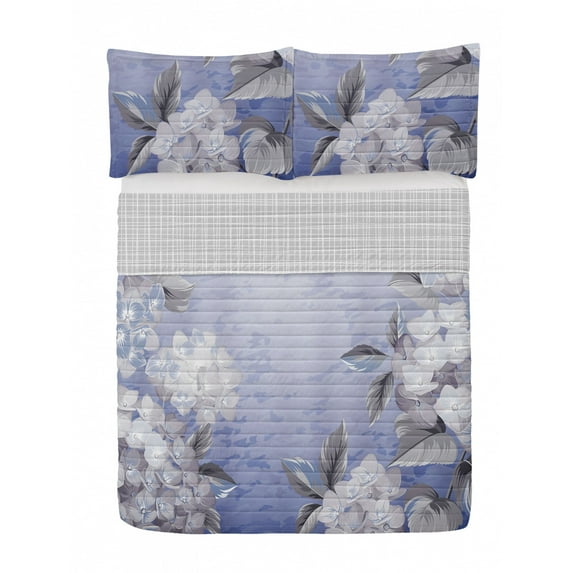 Floral Reversible Bedspread Set, Blooming Hydrangea Flowers Leaves Bouquet Vintage Style Spring Nature Print, Pillow Shams & Comforter Microfiber Bedding Set, 3 Sizes, Ceil Blue, by Ambesonne