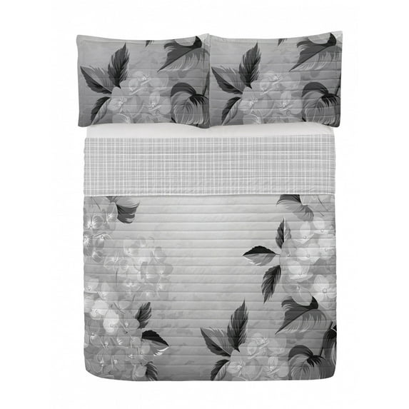 Floral Reversible Bedspread Set, Blooming Hydrangea Flowers Leaves Bouquet Vintage Style Spring Nature Print, Pillow Shams & Comforter Microfiber Bedding Set, 3 Sizes, Dark Taupe, by Ambesonne