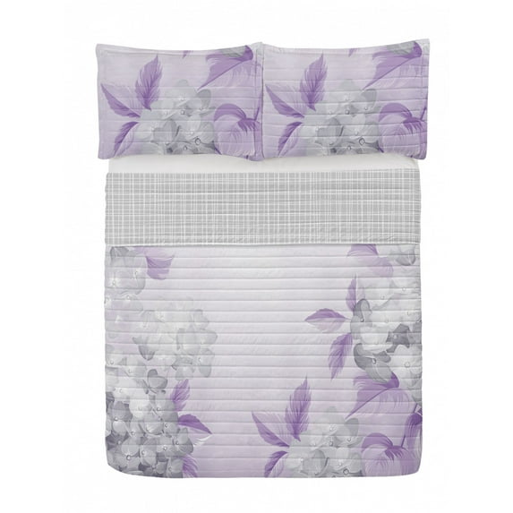 Floral Reversible Bedspread Set, Blooming Hydrangea Flowers Leaves Bouquet Vintage Style Spring Nature Print, Pillow Shams & Comforter Microfiber Bedding Set, 3 Sizes, Lavender Mauve, by Ambesonne