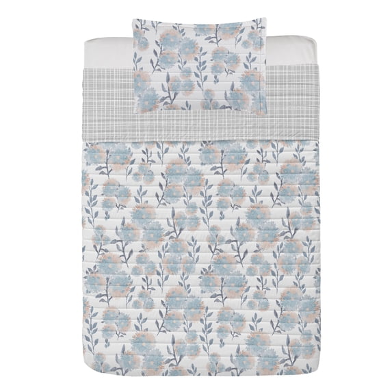 Floral Reversible Bedspread Set, Dandelion Flowers and Leaves Farm House Style Watercolor Effect Art Print, Pillow Shams & Comforter Microfiber Bedding Set, 3 Sizes, Blue Grey Pale Peach, by Ambesonne