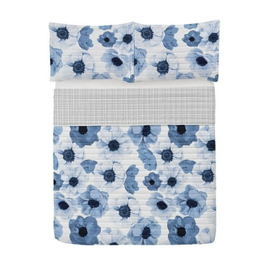 Floral Reversible Bedspread Set, Spring Inspired Flower Arrangement Pattern Summer Feels Vintage Blossoming, Pillow Shams & Comforter Microfiber Bedding Set, 3 Sizes, Cadet Blue White, by Ambesonne