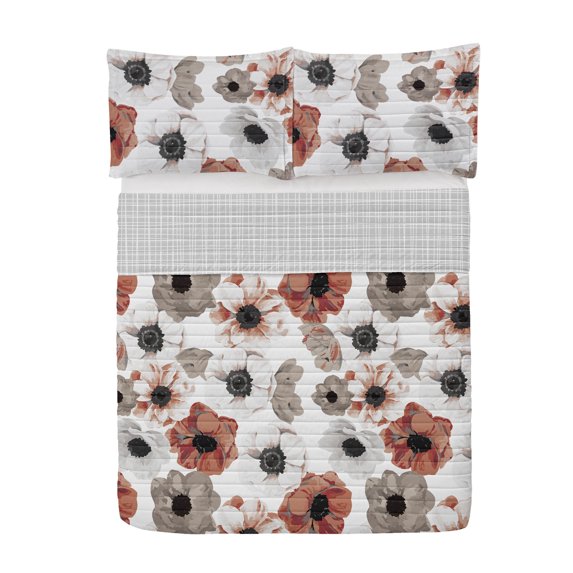 Floral Reversible Bedspread Set, Spring Inspired Flower Arrangement Pattern Summer Feels Vintage Blossoming, Pillow Shams & Comforter Microfiber Bedding Set, 3 Sizes, Taupe Grey Rust, by Ambesonne