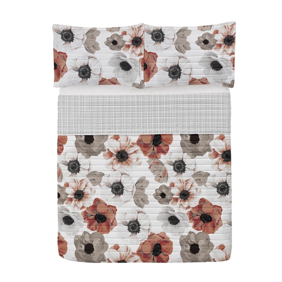 Floral Reversible Bedspread Set, Spring Inspired Flower Arrangement Pattern Summer Feels Vintage Blossoming, Pillow Shams & Comforter Microfiber Bedding Set, 3 Sizes, Taupe Grey Rust, by Ambesonne