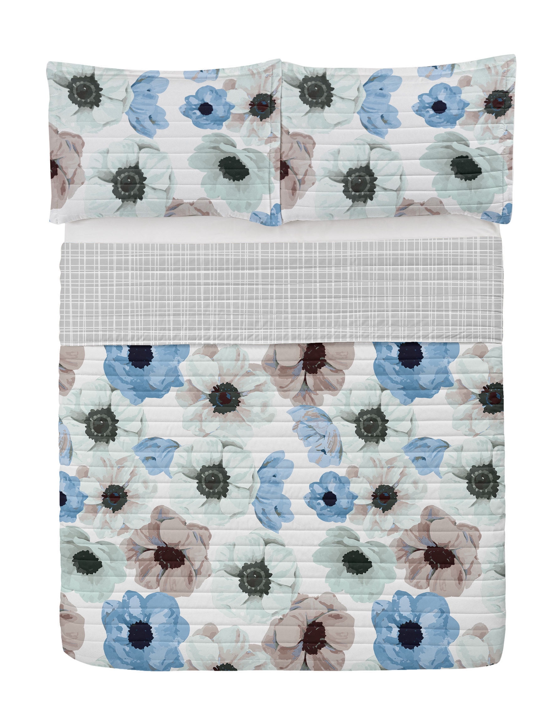 Queen Sky Blue Warm Taupe Microfiber Reversible Bedspread Set