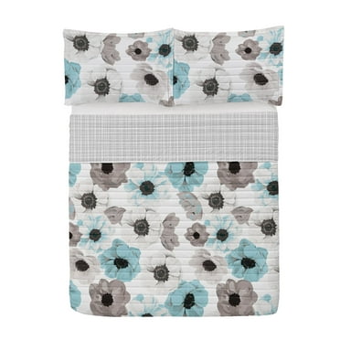 Floral Reversible Bedspread Set, Spring Inspired Flower Arrangement Pattern Summer Feels Vintage Blossoming, Pillow Shams & Comforter Microfiber Bedding Set, 3 Sizes, Pale Sky Blue Grey, by Ambesonne