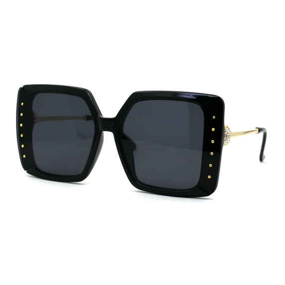 Floral Rhinestone Jewel Pin Hinge Metal Arms Square Luxury Diva Sunglasses All Black