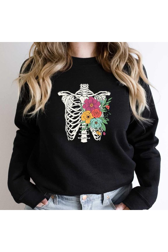 Floral Rib Cage Skeleton Funny Halloween Graphic Tee, Flower - Best Gift SW19303 Unisex Sweatshirt, Up to Size 5XL