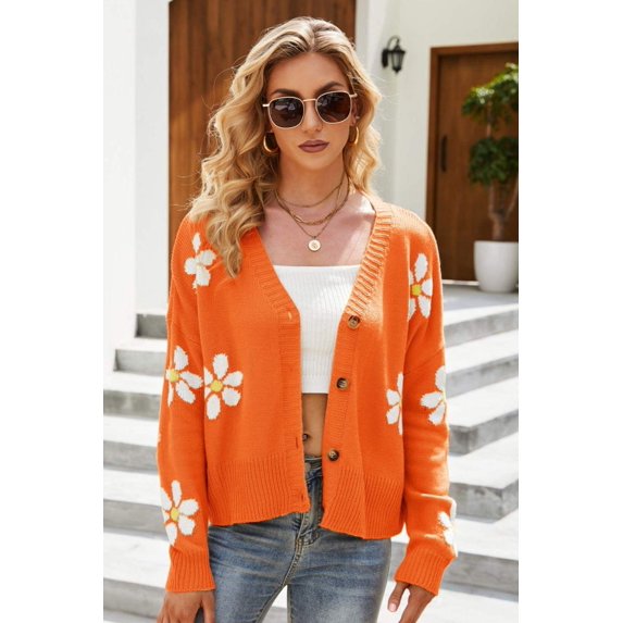 Floral Ribbed Trim Drop Shoulder Cardigan