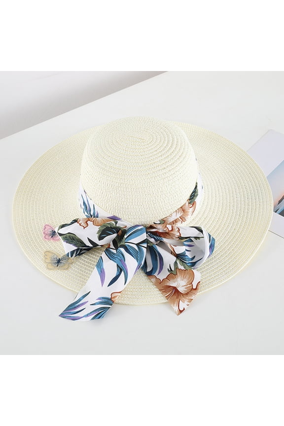 Floral Ribbon Bow Butterfly Wide Brim Straw Hat Lightweight Packable Uv Shield Fisher Cap with Adjustable Chin Strap for Outdoor Photoshoots Road Trips Backyard Work & Daily Wear White