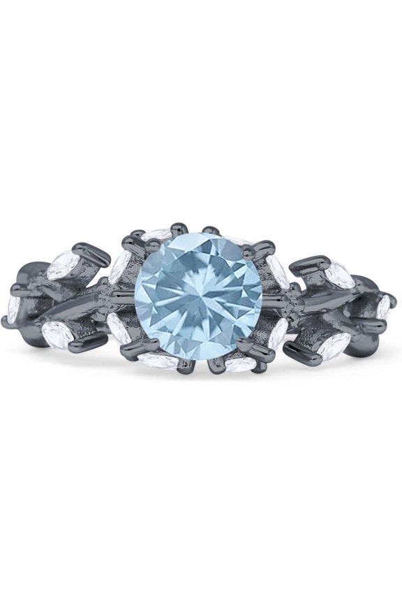 Floral Ring Round Marquise Aquamarine Cubic Zirconia Black Tone 925 Sterling Silver, Size 9