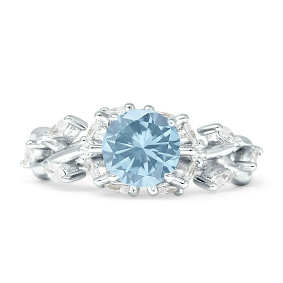 Floral Ring Round Marquise Aquamarine Cubic Zirconia White Tone 925 Sterling Silver, Size 5