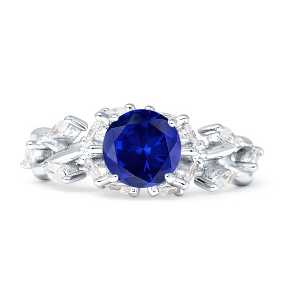 Floral Ring Round Marquise Blue Sapphire Cubic Zirconia White Tone 925 Sterling Silver, Size 8