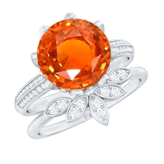Rosec Jewels Floral Ring Set with Lab Grown Orange Sapphire and Moissanite (8 mm Sapphire, AAAA Grade), 10K White Gold, US 12.00