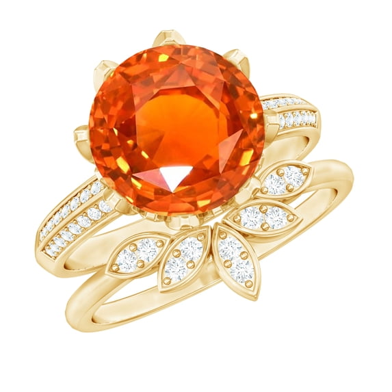 Rosec Jewels Floral Ring Set with Lab Grown Orange Sapphire and Moissanite (8 mm Sapphire, AAAA Grade), 14K Yellow Gold, US 7.50