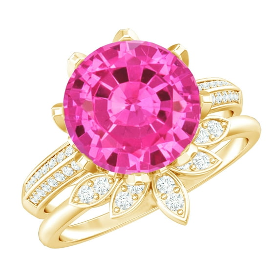 Rosec Jewels Floral Ring Set with Lab Grown Pink Sapphire and Moissanite - AAAA Grade 10 mm Sapphire, 18K Yellow Gold, US 9.00