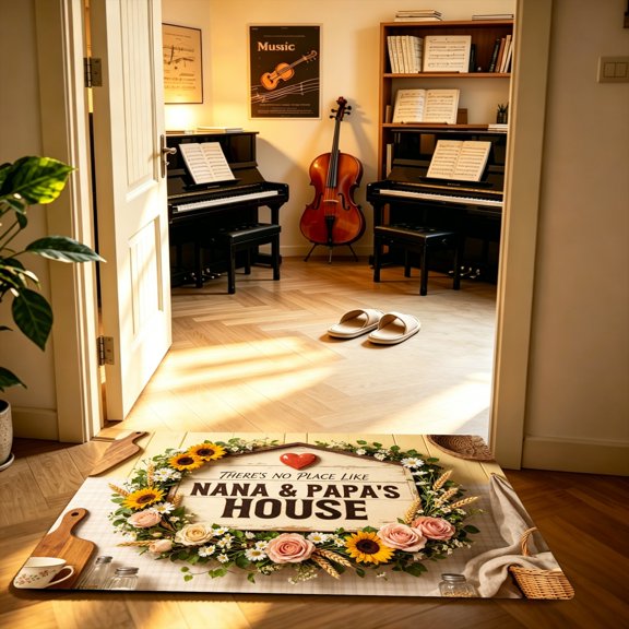 Floral Ring Sunflower Frame Grandparents Home Quote 2D Flat Entry Doormat,Polyester,Porch Entrance Sunflower Circular Wreath Framed Home Decor