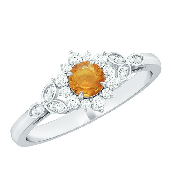 Rosec Jewels Floral Ring with Orange Sapphire and Diamond (0.50 CT, AAA Quality), 14K White Gold, US 12.50