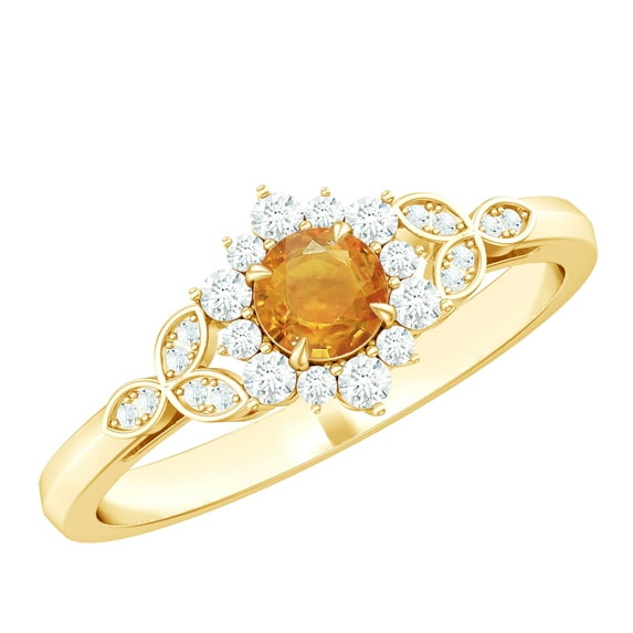 Rosec Jewels Floral Ring with Orange Sapphire and Diamond (0.50 CT, AAA Quality), 14K Yellow Gold, US 11.00