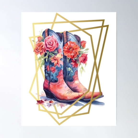 Floral Rodeo Elegance Cowgirl Boots Poster Wall Art, Modern Wall Decor For Living Room Bedroom, 8x12 UNFRAMED