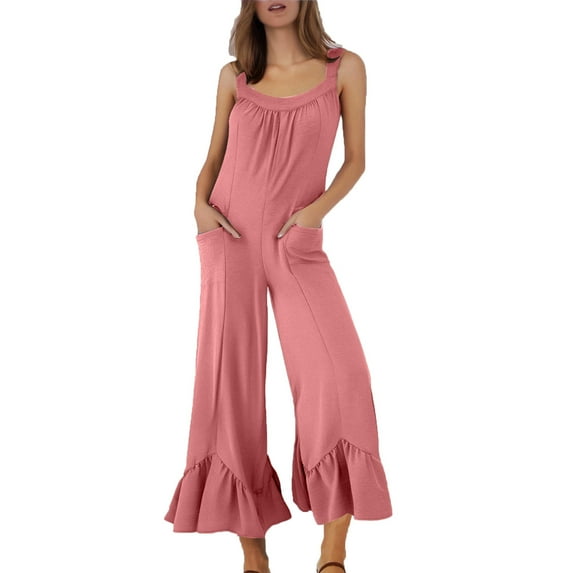 Floral Romper Dress for Women, Jumpsuits for Women Summer Casual Loose Sleeveless Overalls Jumpsuit Ruffle Wide Leg Long Flare Pant Flowy Rompers with Pockets Cotton Jumpsuits for Women XXL