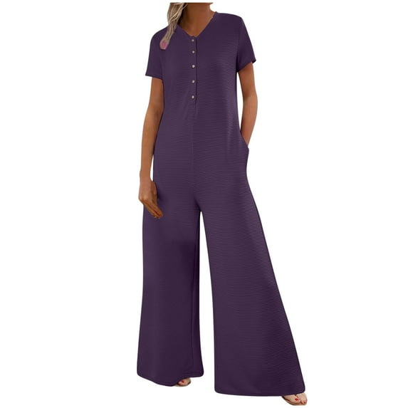 Floral Rompers for Women Dressy, Women Striped Jumpsuits Loose Casual Short Sleeve Button Front Wide Leg Long Pant Romper with Pockets Dress Romper for Women Purple XL