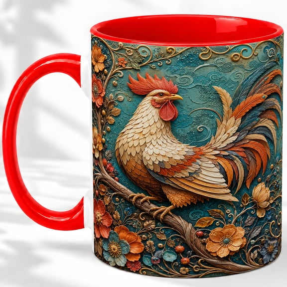 Floral Rooster Accent Mug, 11oz Ceramic Coffee Cup for Farmhouse Fans