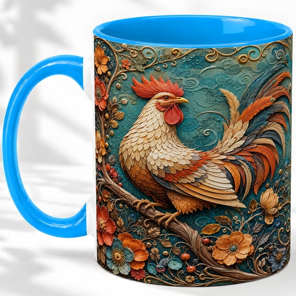 Floral Rooster Accent Mug, 11oz Ceramic Coffee Cup for Farmhouse Fans