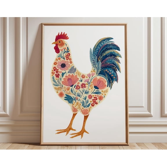 Floral Rooster Folk Art Chicken Wall Art Print, Unframed Paper Poster 24x36in