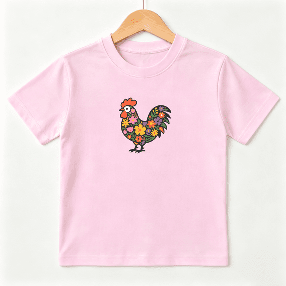 Floral Rooster Silhouette Girls Graphic Tee, Retro Farm Animal 100% Cotton Kids Short Sleeve T-Shirt