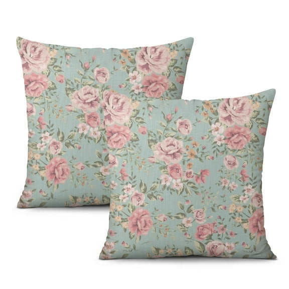 Floral Rose 2 Pillow Covers 18x18 Inch Linen Decorative Square Throw Pillow Covers for Home Sofa Bedroom Outdoor Indoor
