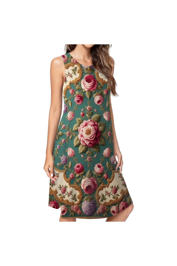 Floral Rose And Hydrangea Pattern Casual Sleeveless Loose Sundress Dress For Women Summer Dress Daily Woman