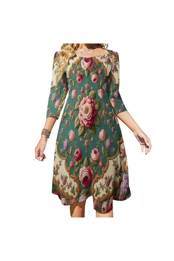 Floral Rose And Hydrangea Pattern Sweetheart Knot Flared Dress Fashion Design Large Size Loose Dress Spring Summer Women Dress