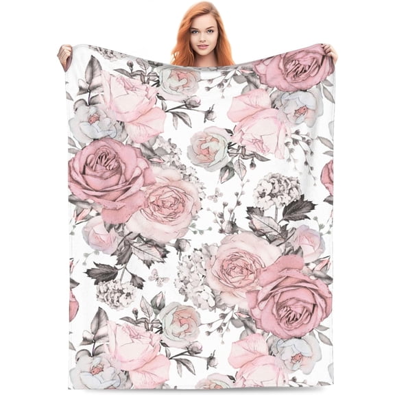 Floral Rose Blanket Gifts for Women Girls Pink Grey Flowers and Grey Leaves on Watercolor Rose Throw Blankets for Bed Room Couch Soft Lightweight Warm Cozy Decor 40x50in