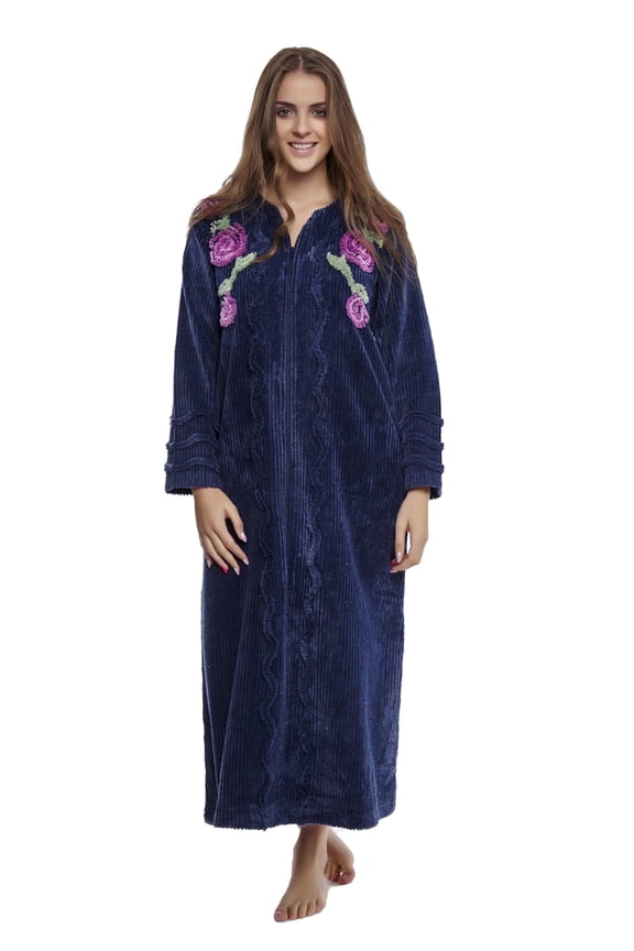 Floral Rose Embroidered Chenille Zipper Robe (Midnight Blue, 2X)