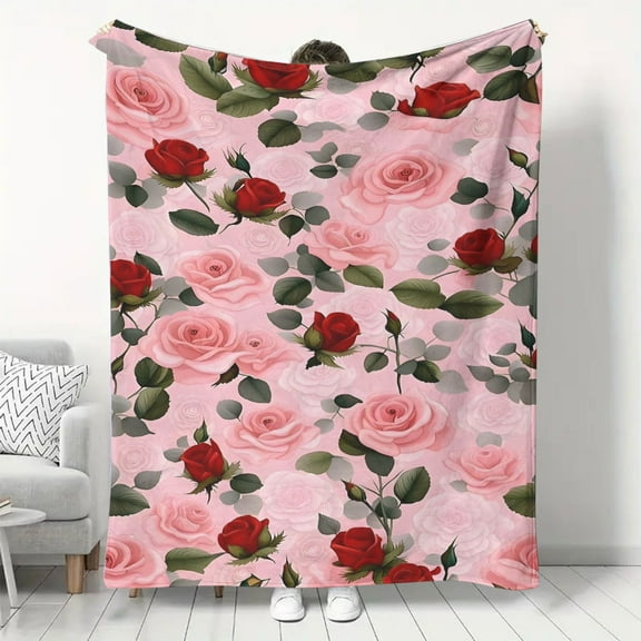 Floral Rose Pattern Knit Throw Blanket Digital Print Soft Flannel French Style All-Season Lightweight Comfort for Couch Bed Travel Office Nap Anti-Pilling Cozy Plush Roses Throws (1pc)