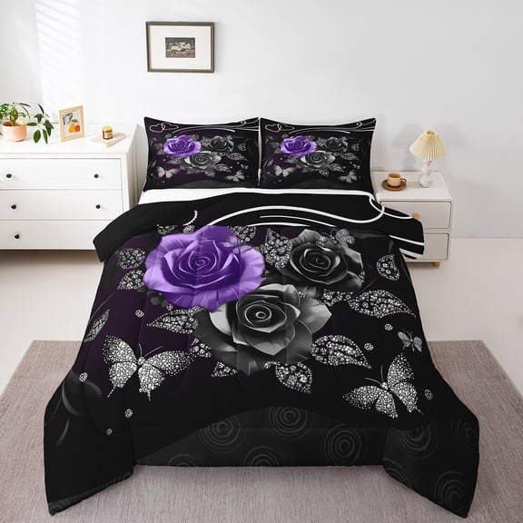 Floral Rose Purple Queen Size Comforter Set, Butterfly Gifts Bedding Comforter Sets For Women Silver Heart Couple Bedding Romantic Rose Theme Duvet Insert With 2 Pillow Cases