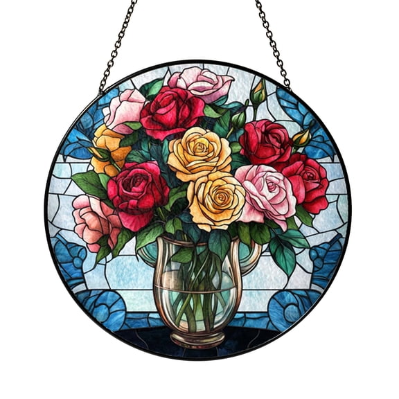 Floral Rose Vase Faux Stained Glass Window Hanging