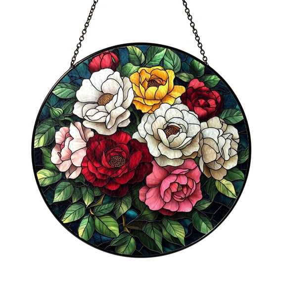 Floral Rose Window Sign with Stained Glass Look, Romantic Botanical Wall Decor