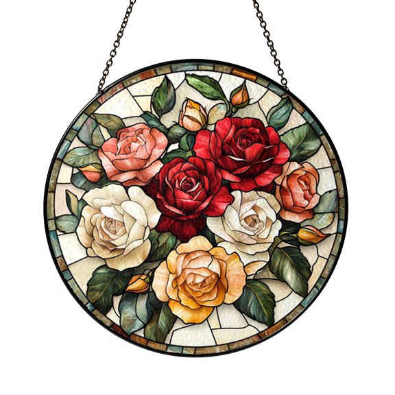 Floral Rose Wreath Window Sign, Stained Glass Style Design, Romantic Botanical Home Decoration